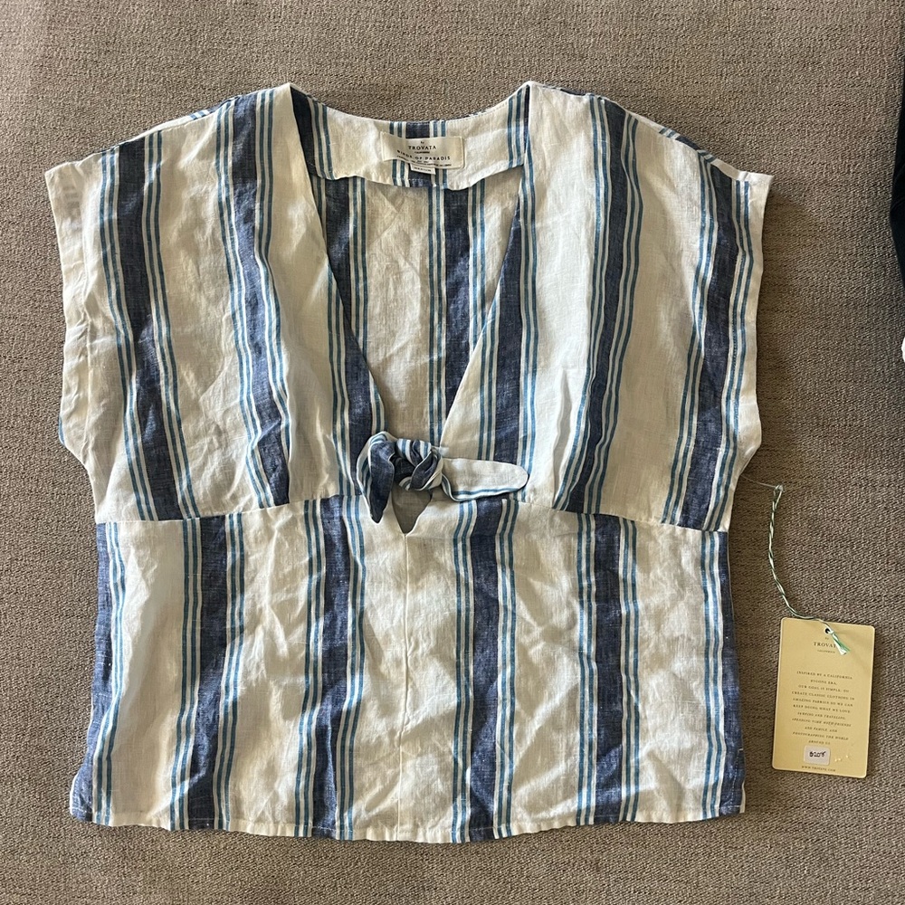 NWT Trovata Jodie Linen Tie Front Shirt Blue Stripe